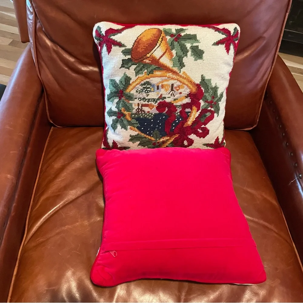100% Wool Handmade Needle Point 2/Pillow Christmas Cabin French Horn 13x13”